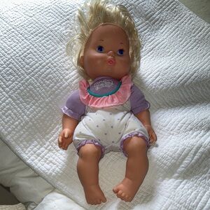 Baby Check Up vintage Baby Doll with Blonde Hair and Purple Outfit cute